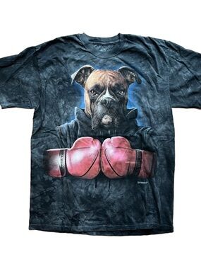 The Mountain Black Tee with Boxer Dog and Pink Boxing Gloves